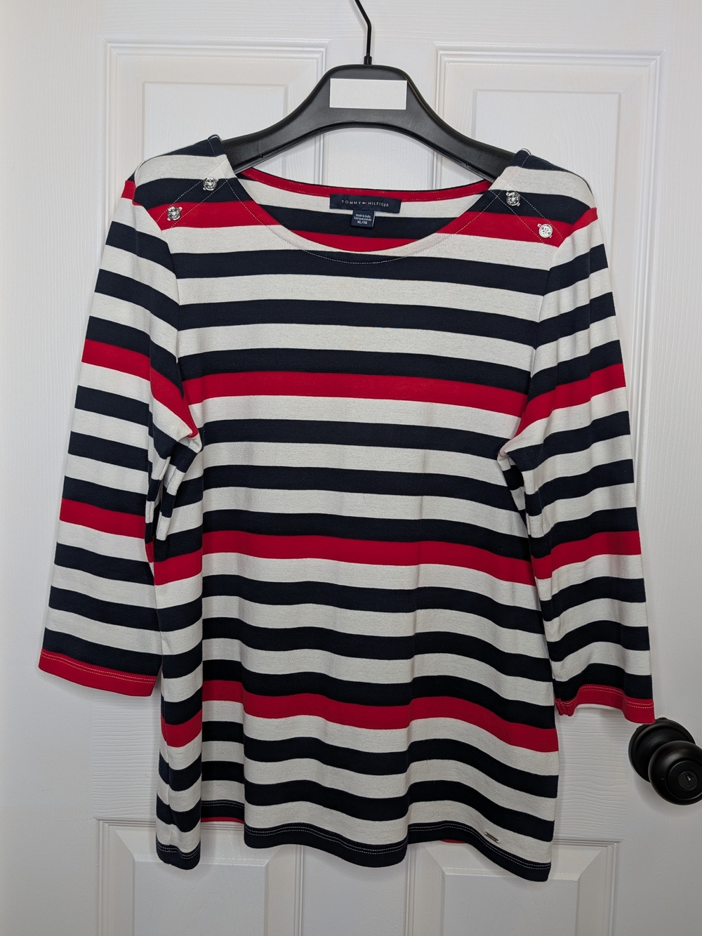 Tommy Hilfiger 3/4 Sleeve Top Navy White Red Striped Cotton Size XL